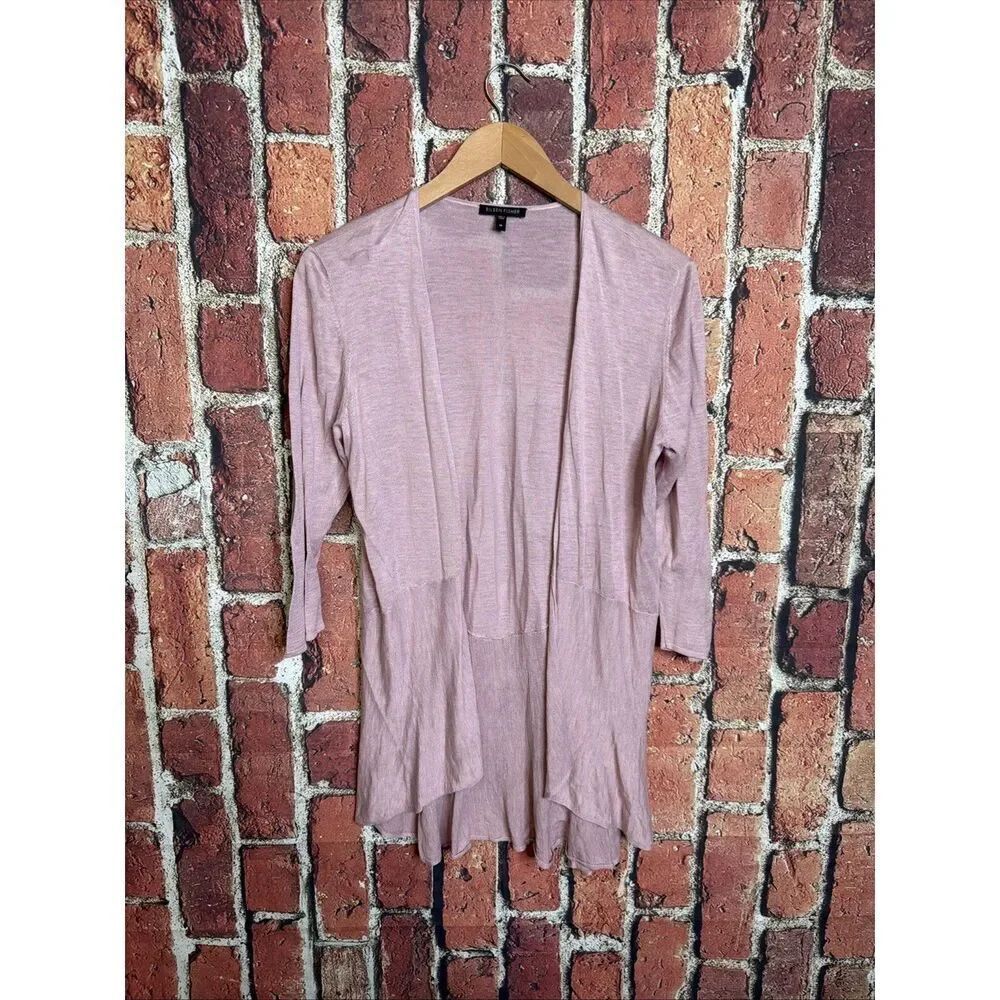 Eileen Fisher Linen Silk Open Front Open Knit Cardigan M 3/4 Sleeve Pink